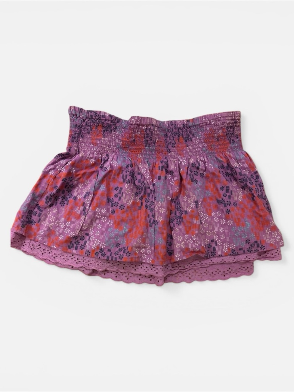 Roxy Y2K Floral Mini Skirt Smocked Waist Eyelet Lace Boho Beach M